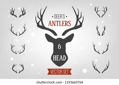 Black silhouette hand drawn deer s horn, antler and head set. Animal antler collection. Design elements of deer. Wildlife hunters, hipster, Christmas and New Year concept