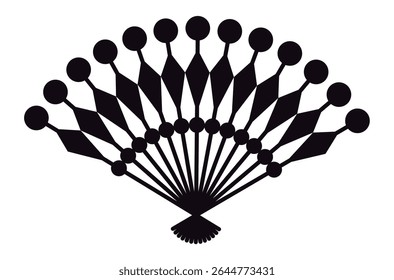 Black silhouette of a hand fan with dotted and rhombus decorations on a white background representing traditional culture, fashion accessories, and summer coolness