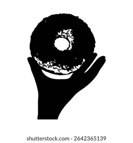 Uma silhueta preta de uma mão suavemente embala uma rosquinha com polvilhos texturizados. A imagem é fortemente contrastada com um fundo branco, criando uma sensação minimalista e gráfica.