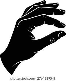 Black silhouette hand gesture reaching or holding invisible object isolated on white. Human hand grabbing, or delicate pinching gesture. Holding small items, or interacting with digital interfaces.