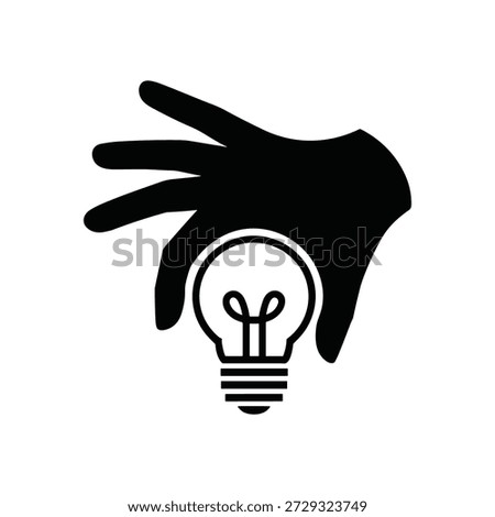 A black silhouette of a hand grasping a light bulb with a simple line drawing of the bulb's filament, set against a clean white background, conveying a concept of creativity or idea generation.
