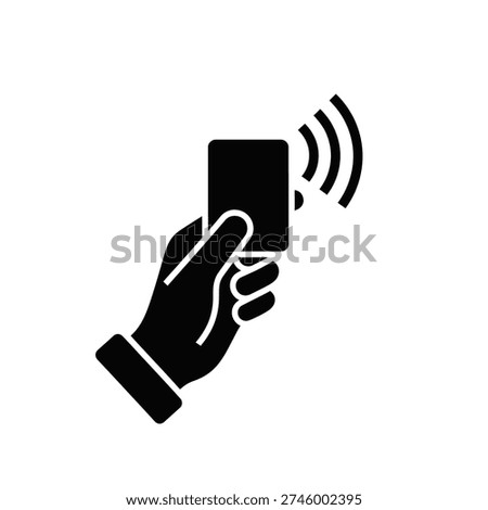 A black silhouette of a hand grasping a mobile phone with signal waves coming out, on a plain white background