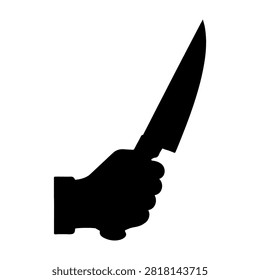 A black silhouette of a hand gripping a sharp knife, emphasizing danger and threat in a stark, minimalist style.