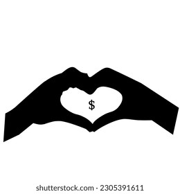 A black silhouette of a hand with a heart and dollar shape