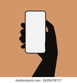 Black silhouette hand holding smartphone with blank screen in flat style on light brown background. Hand gestures in flat design for technology banner. Vector Illustration.