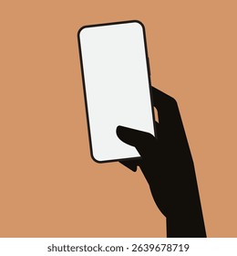 Black silhouette hand holding smartphone with blank screen in flat style on light brown background. Hand gestures in flat design for technology banner. Vector Illustration.