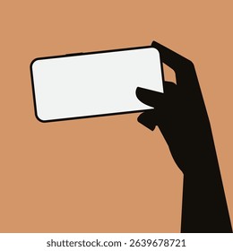 Black silhouette hand holding smartphone with blank screen in flat style on light brown background. Hand gestures in flat design for technology banner. Vector Illustration.