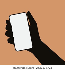 Black silhouette hand holding smartphone with blank screen in flat style on light brown background. Hand gestures in flat design for technology banner. Vector Illustration.