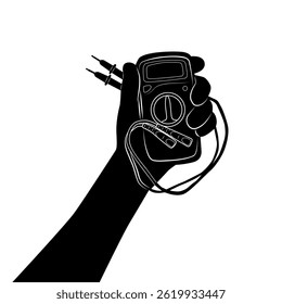 Black silhouette of hand holding a voltmeter. Vector illustration isolated on white background