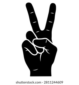Black silhouette of a hand making a victory or peace sign with two fingers raised, symbolizing peace, victory, or positivity against a plain background.