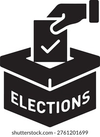 Black Silhouette of Hand Placing Ballot in Open Box with Checkmark and word Elections vote