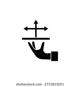 Mano de silueta negra que presenta una barra Horizontal con flechas de cuatro vías arriba, que indican control direccional y navegación.
