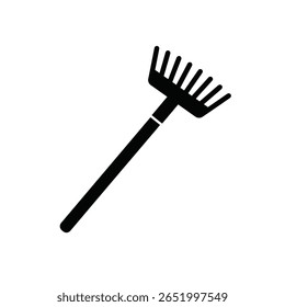 A black silhouette of a hand rake is shown against a white background The image is a simple vector illustration with a minimalist style