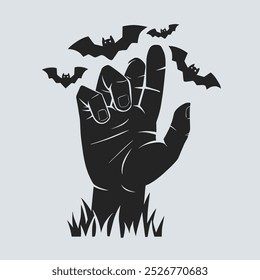 A black silhouette of a hand reaching from the grass with bats flying around it.