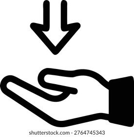 Black silhouette of a hand receiving a downward-pointing arrow on a white