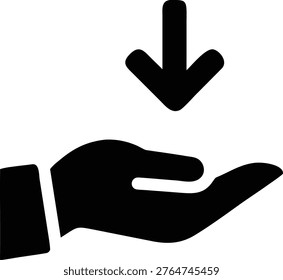 Black silhouette of a hand receiving a downward-pointing arrow, isolated on a