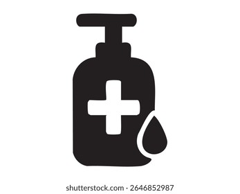 Silhueta preta de garrafa de desinfetante de mão com bomba e gota, isolado no fundo branco. conceito de higiene, ferramenta de limpeza, saúde, segurança, ícone, elemento de design.