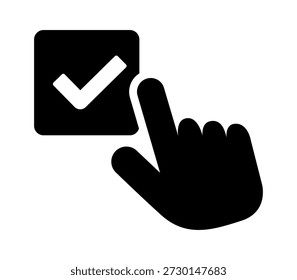 A black silhouette of a hand selecting a checkmark within a square, symbolizing approval or agreement.