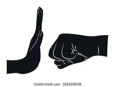 Black silhouette of a hand stopping a punch.