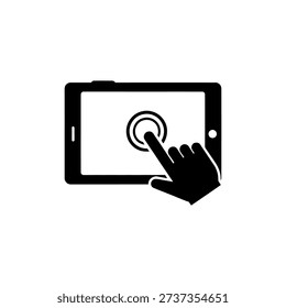 A black silhouette of a hand touching a tablet screen with a button silhouette