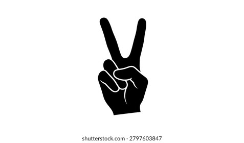 A black silhouette of a hand with two fingers raised in a V shape representing victory or peace isolated on a white background