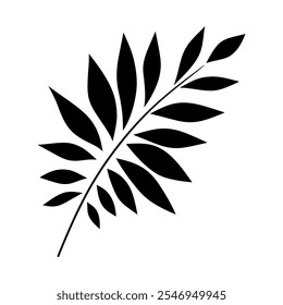 Black silhouette of a hand-drawn twig with leaves, vector. Graphic botanical illustration of a palm leaf isolated on a white background. A decorative element for design, decoration, decoration.