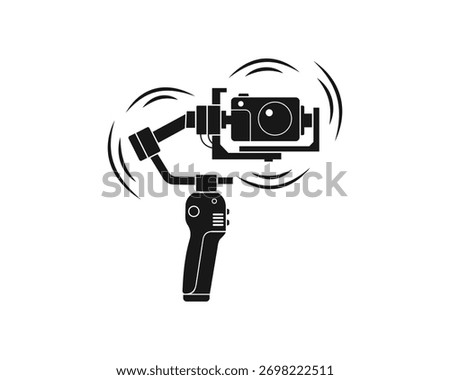 A black silhouette of a handheld gimbal stabilizer holding a smartphone, with motion blur lines indicating its operation. Isolated on a clean white background.