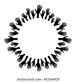 Black silhouette hands from empty center round frame. Hands in circle. Vector arms on white background for text.