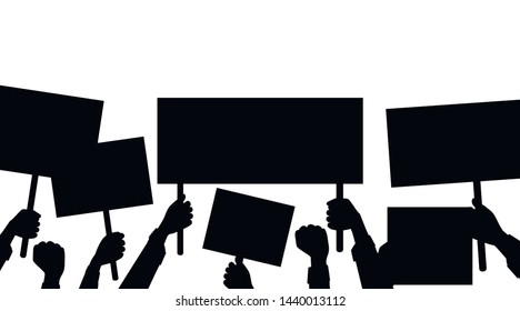 Black silhouette of hands holding empty protest sign, placard template flat vector illustration on white background