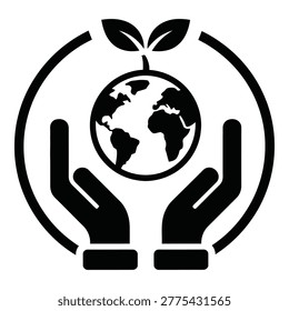 Black silhouette of hands holding a globe with a leaf on top in a circle icon