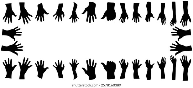 Black silhouette hands reach to the empty center frame.Vector human arms on white backgroun