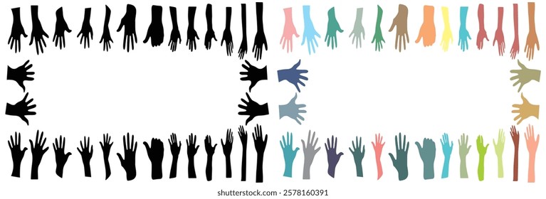 Black silhouette hands reach to the empty center frame. Vector human arms on white background 