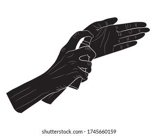 Black silhouette of hands using hand sanitizer gel sanitizer or alcohol to protect Covid-19 virus or coronavirus vector illustration sketch doodle hand drawn isolated on white background