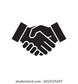 Black silhouette of a handshake representing agreement, business negotiations, welcome and partnership with sleeve cuffs visible on a white background.
