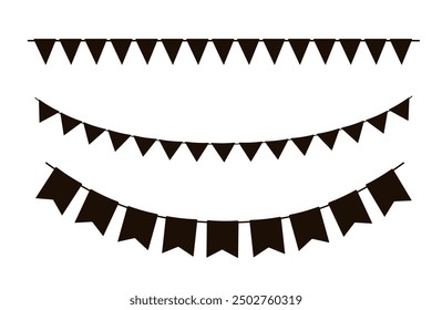 Black silhouette of hanging flags. Vector pennant isolated on white background.