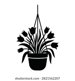 Black silhouette of a hanging flower pot filled with blooming tulips, isolated on a white background.