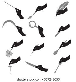 black silhouette of hans with various tools eps10