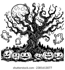 La silueta negra anudó la celebración de Halloween en el árbol antiguo con fantasma y calabaza