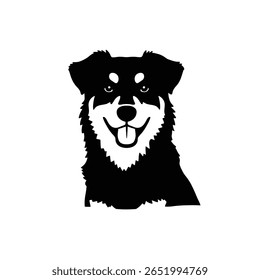 A black silhouette of a happy dog head against a white background The dog is depicted with a smiling expression and visible tongue. The style is simple and graphic.