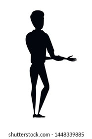Black silhouette happy man in casual clothes with up raised arms hands pointing cartoon character design flat vector illustration isolated on white background
