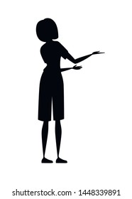 Black silhouette happy woman in casual clothes with up raised arms hands pointing cartoon character design flat vector illustration isolated on white background