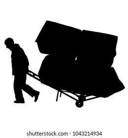 Black silhouette hard worker pushing wheelbarrow and carry big box isolated on white background