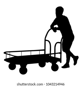 Black silhouette hard worker pushing wheelbarrow and carry big box isolated on white background