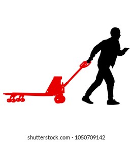 Black silhouette hard worker pushing wheelbarrow and carry big box isolated on white background