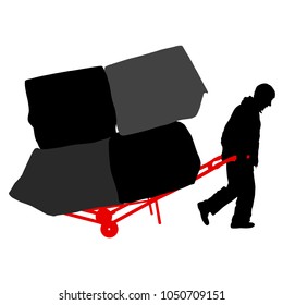 Black silhouette hard worker pushing wheelbarrow and carry big box isolated on white background