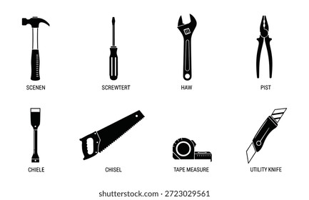 Black silhouette hardware vector tool set. Hammer screwdriver wrench pliers chisel saw tape measure and utility knife graphic elements.