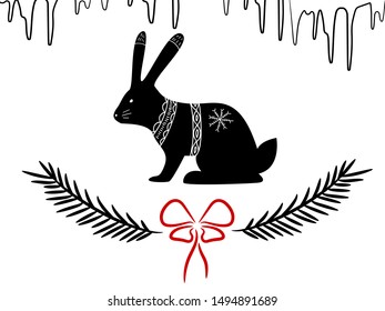 Black silhouette of hare or rabbit in scandinavian style and hygge style. Twigs with bow knotare drawn under the hare.  Objects for winter holidays (X-mas, New Year, etc.)