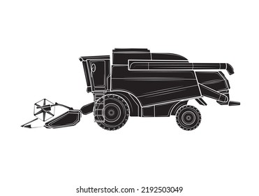 Black silhouette of a harvester at harvest in isolate on a white background.Side view.Wheat harvesting process.