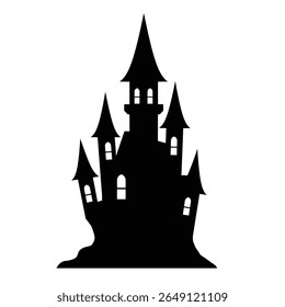 Uma silhueta preta de um castelo assombrado contra um fundo branco O castelo é detalhado com torres e janelas O estilo é simples e gráfico