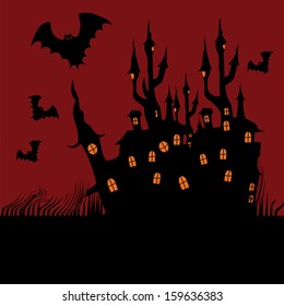 a black silhouette of a haunted castle with some windows and bats in a red background for halloween